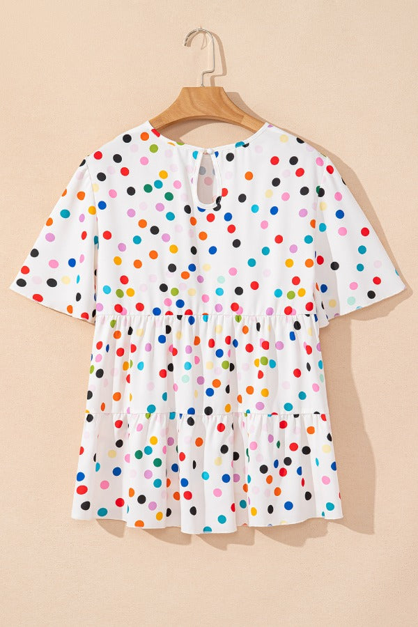 Polka Dot Short Sleeve Tiered Ruffled Babydoll Blouse