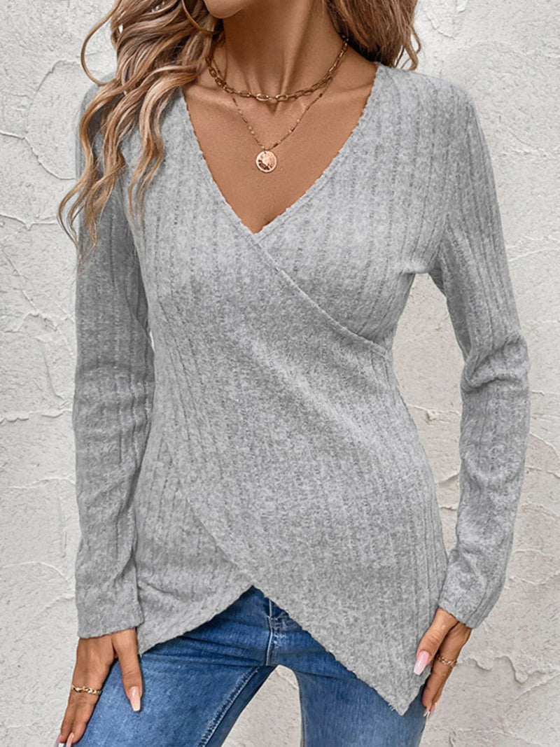 Perfee Surplice Long Sleeve T-Shirt Light Gray