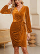 Surplice Long Sleeve Tie Waist Dress Gold