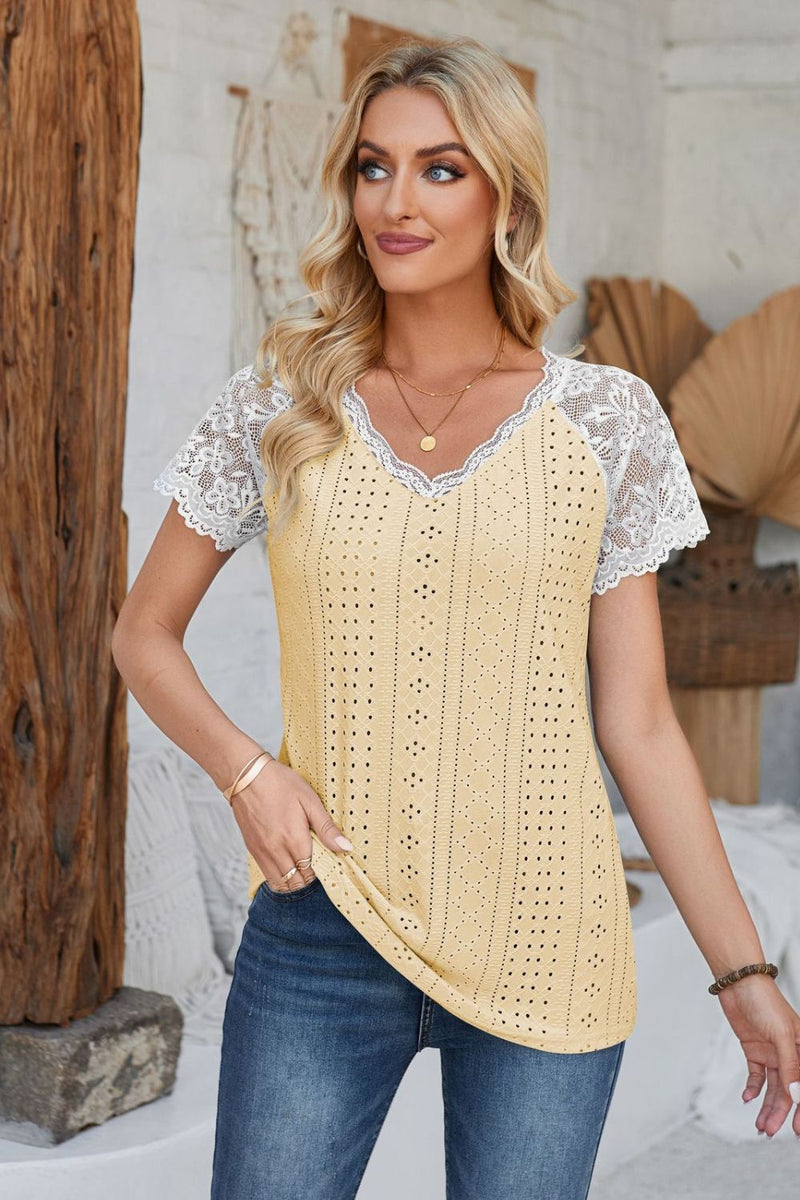 Eyelet V-Neck Lace Short Sleeve T-Shirt Light Yellow