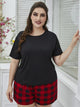 Plus Size Round Neck Tee Shirt and Plaid Shorts Lounge Set Black Red