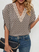 Lace Detail Printed V-Neck Half Sleeve Blouse Khaki