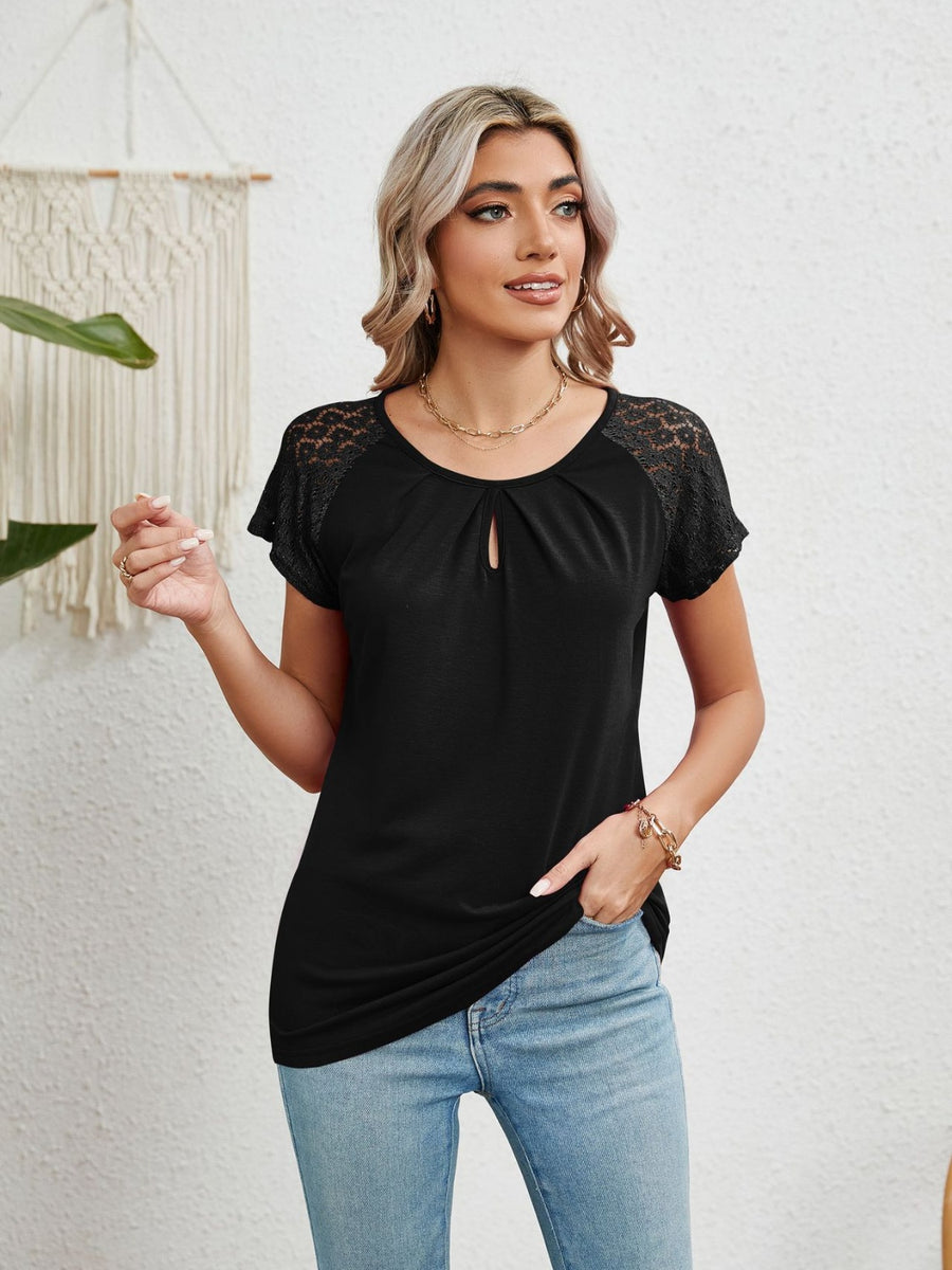 Lace Detail Round Neck Short Sleeve T-Shirt Black