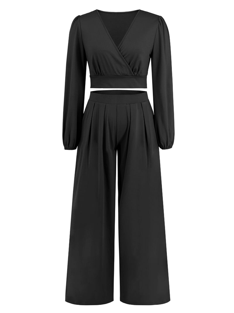 Surplice Top and Wide Leg Pants Set