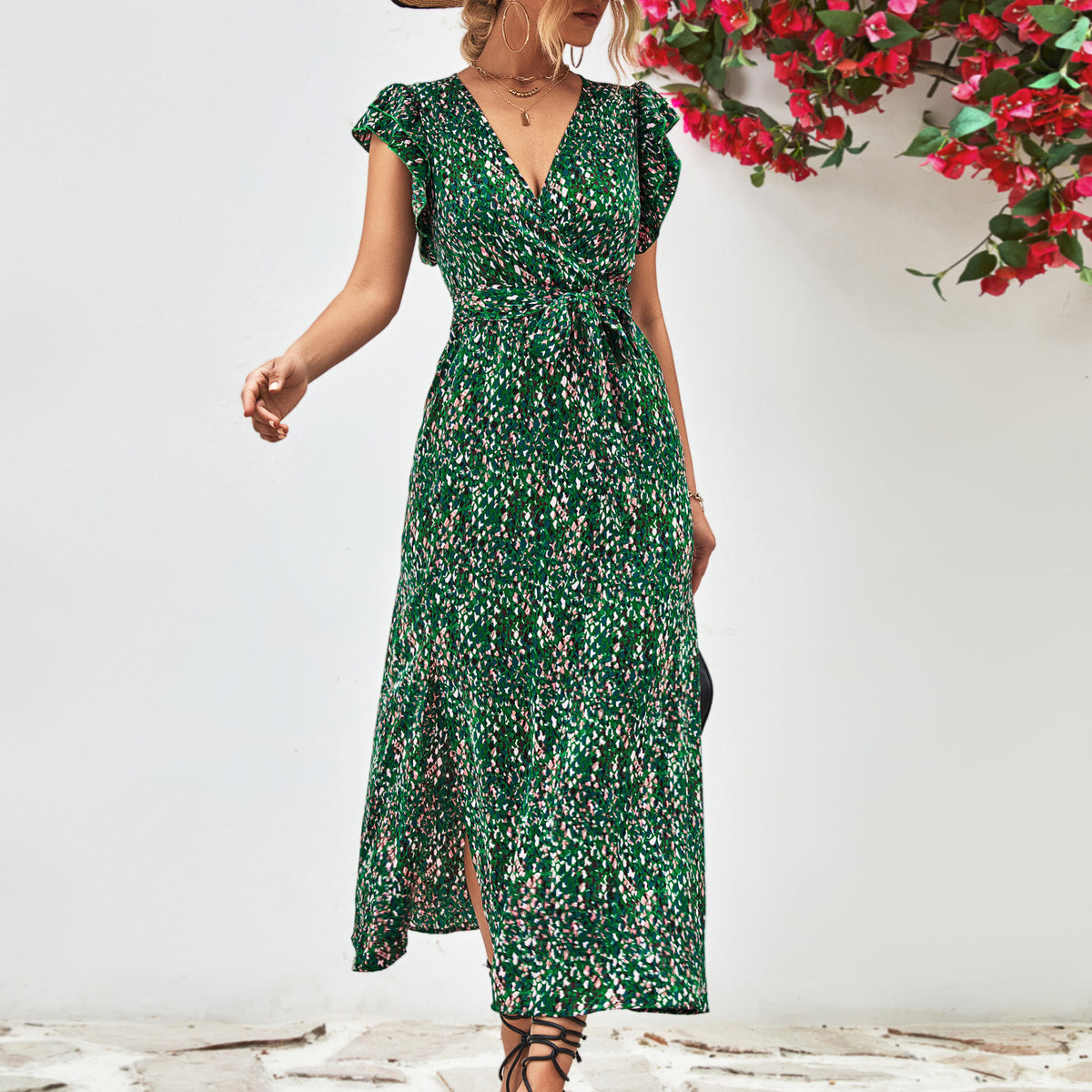 Printed Surplice Neck Flutter Sleeve Slit Dress Green