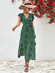 Printed Surplice Neck Flutter Sleeve Slit Dress Green