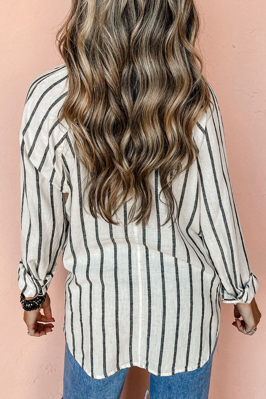 Pocketed Striped Collared Neck Long Sleeve Shirt