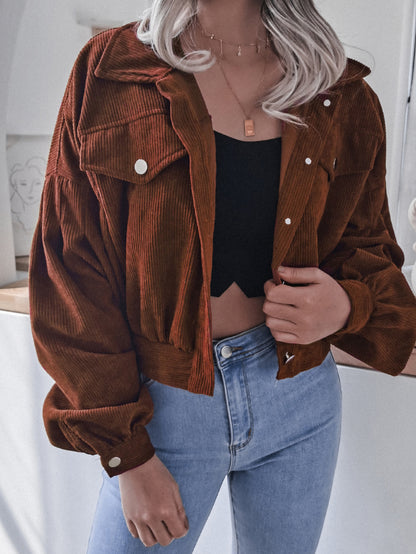 Lantern Sleeve Cropped Corduroy Jacket Brown