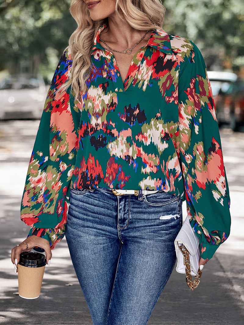 Perfee Printed Johnny Collar Long Sleeve Blouse