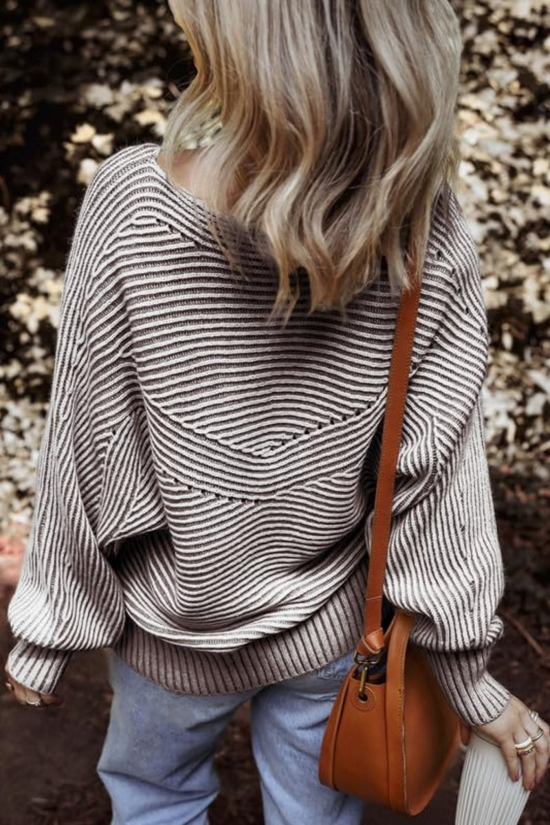 Textured Striped Round Neck Long Sleeve Top Taupe