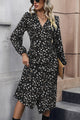 Printed Surplice Neck Long Sleeve Dress Black
