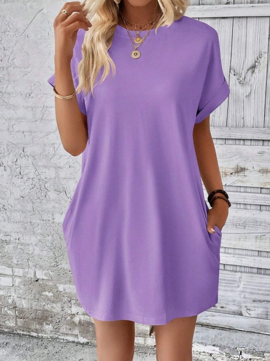 Pocketed Round Neck Short Sleeve Dress Lavender