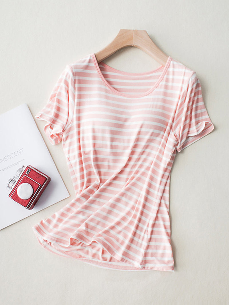 Striped Round Neck Short Sleeve T-Shirt with Bra Pale Blush