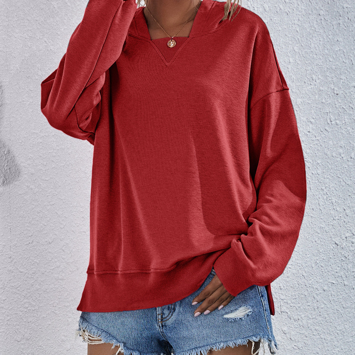 Dropped Shoulder Slit Hoodie Brick Red