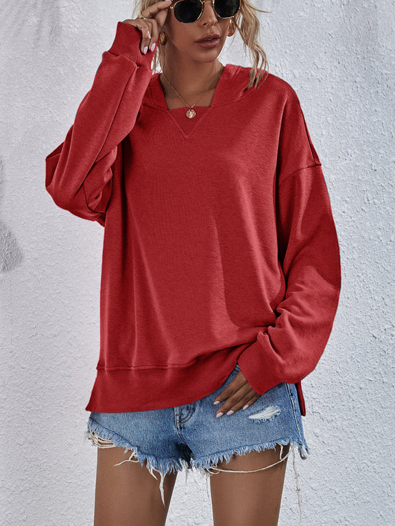 Dropped Shoulder Slit Hoodie Brick Red