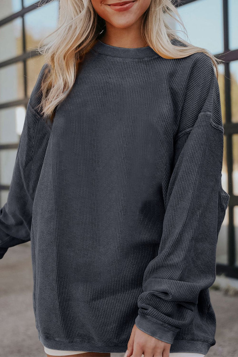 Ribbed Round Neck Drop Shoulder Sweatshirt Charcoal