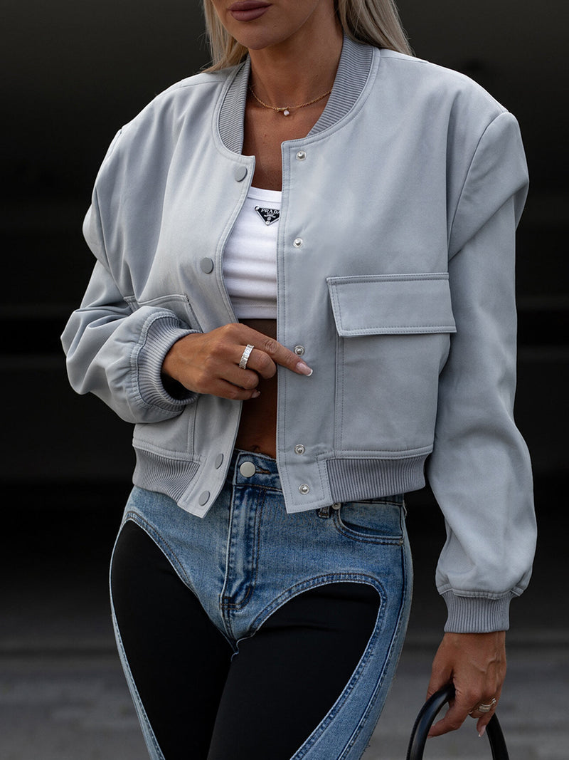 Pocketed Snap Down Baseball Collar Jacket Light Blue