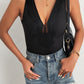 Perfee Spliced Lace Deep V Sleeveless Bodysuit