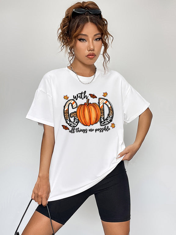 Round Neck Short Sleeve Graphic T-Shirt White