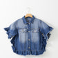 Ruffled Raw Hem Half Sleeve Denim Top