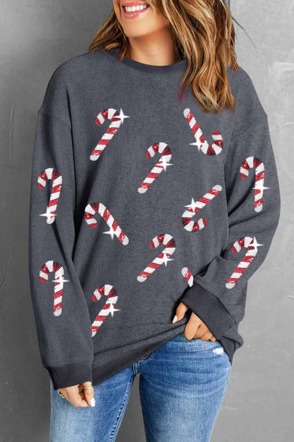 Sequin Candy Cane Round Neck Sweatshirt Dark Gray