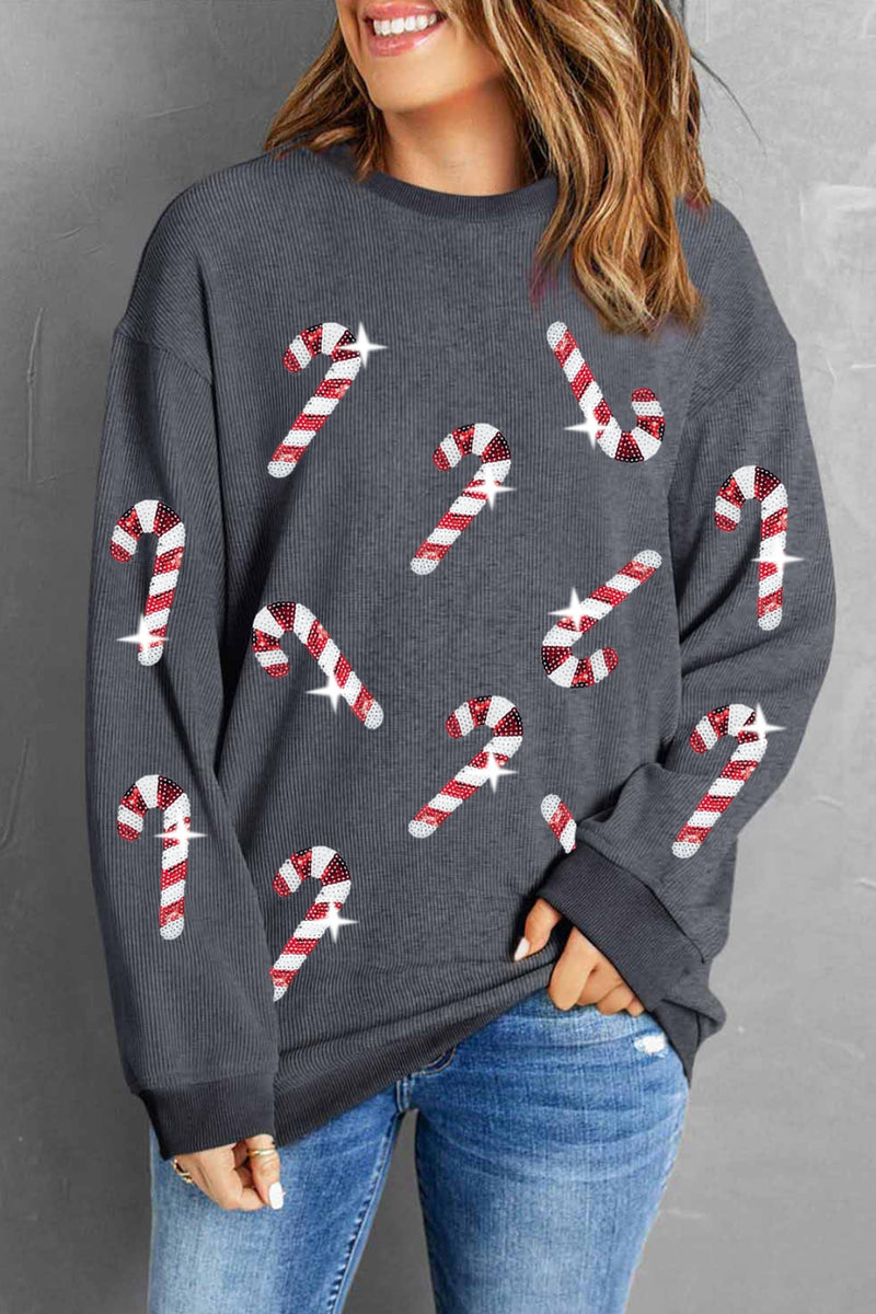 Sequin Candy Cane Round Neck Sweatshirt Dark Gray