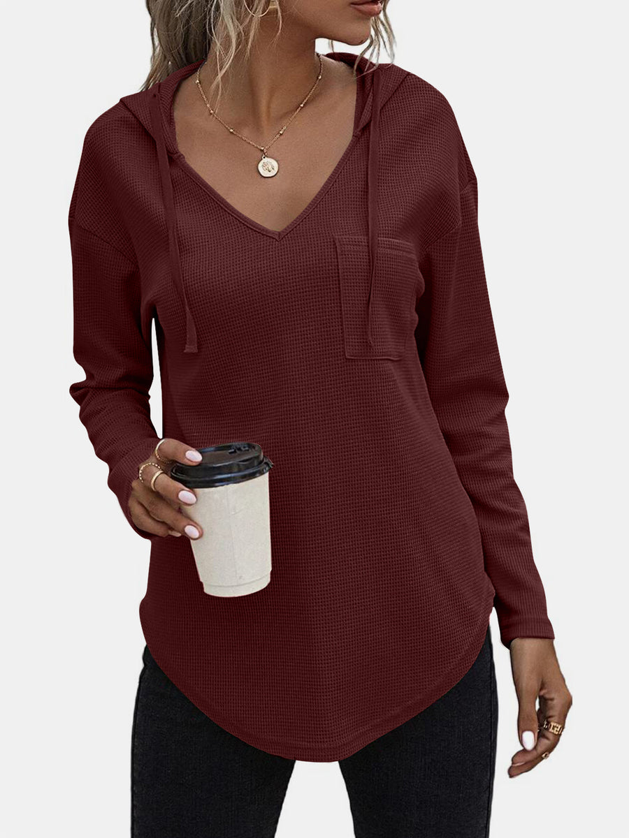 Drawstring Waffle Knit Long Sleeve Hooded Top Burgundy