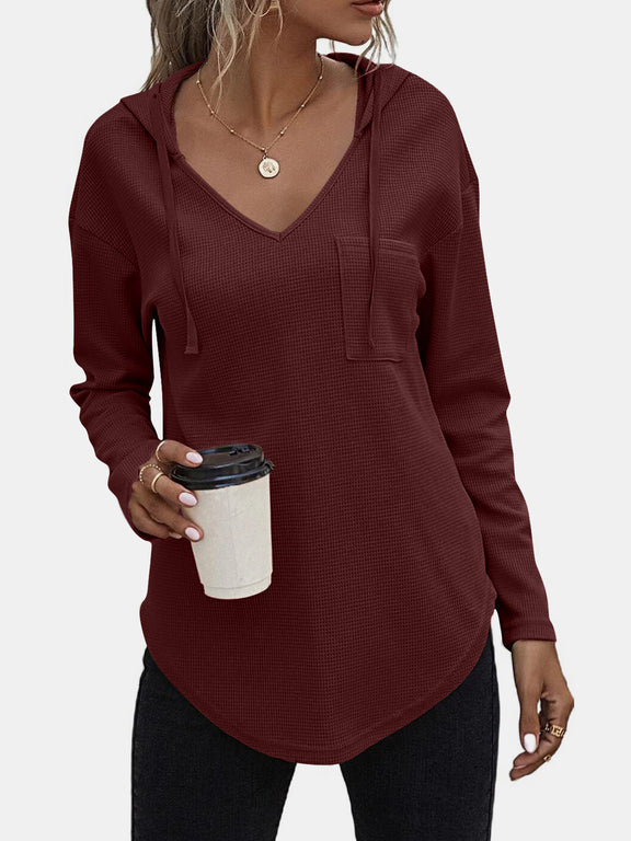 Drawstring Waffle Knit Long Sleeve Hooded Top Burgundy