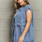 Collared Neck Sleeveless Denim Top with Pockets