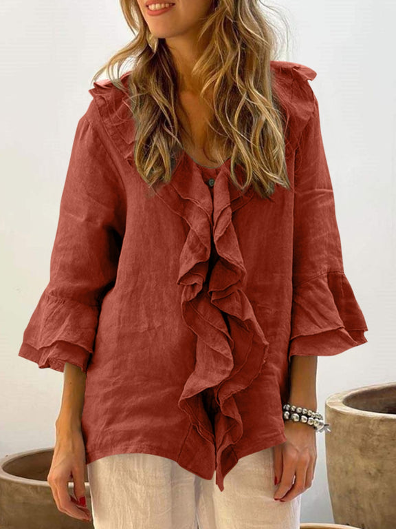 Full Size Ruffled V-Neck Flounce Sleeve Blouse Orange-Red