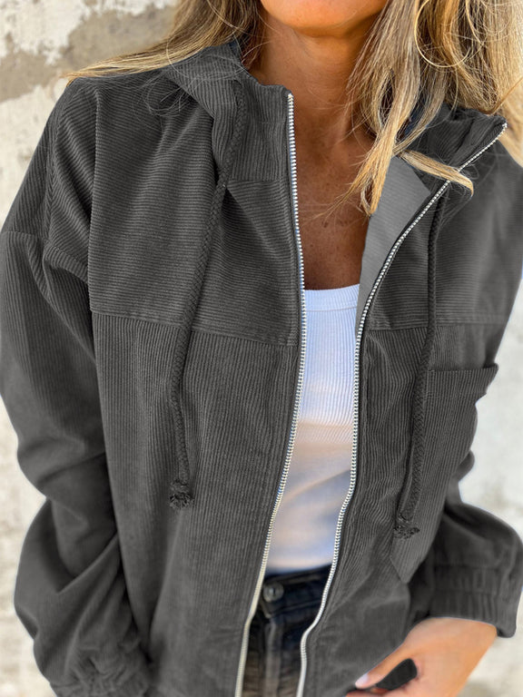 Drawstring Zip Up Long Sleeve Hooded Jacket Dark Gray