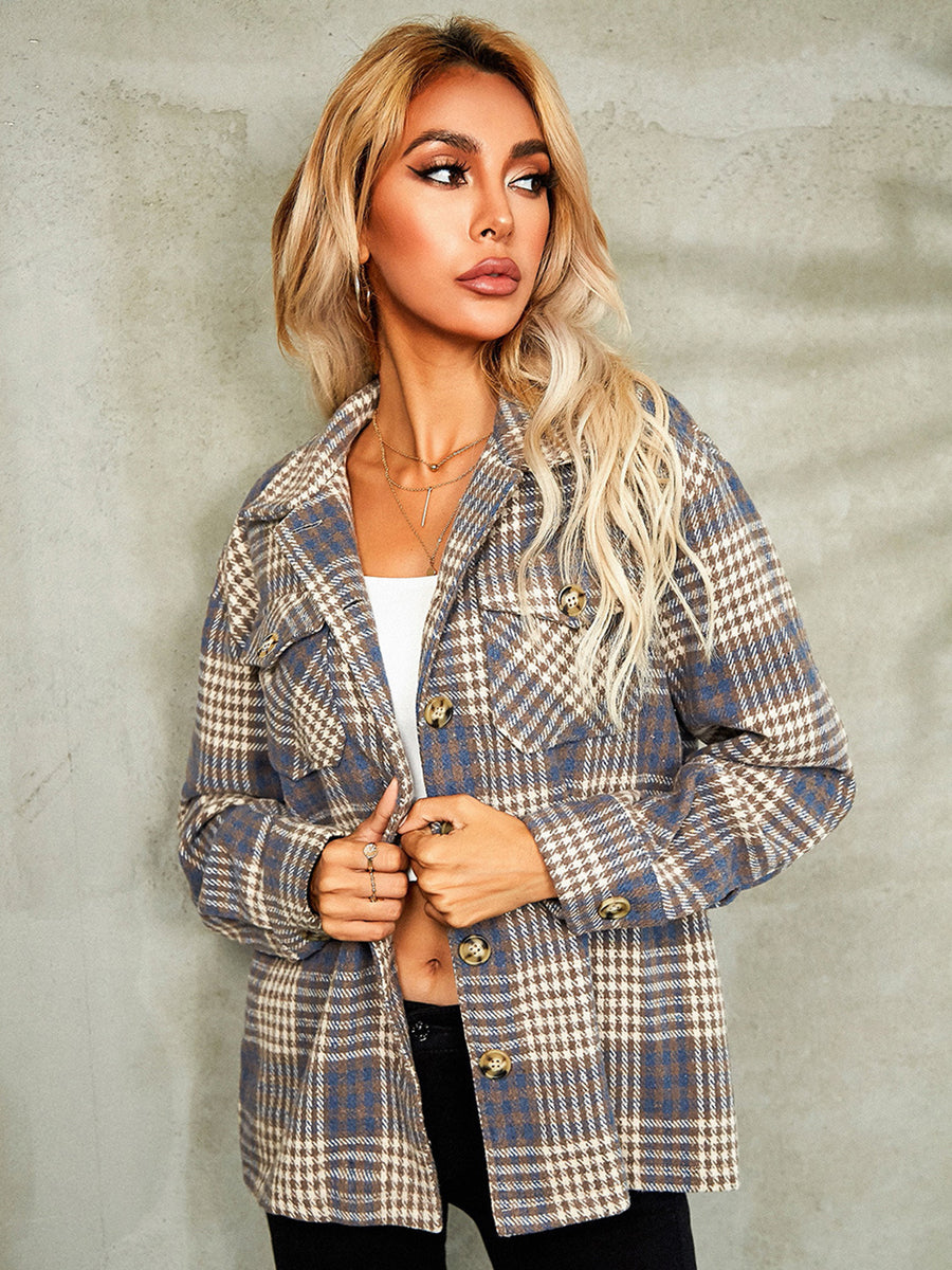 Plaid Button Down Collared Jacket Light Blue