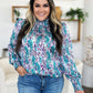 Double Take Full Size Printed Smocked Long Sleeve Blouse