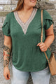 Plus Size V-Neck Petal Sleeve Blouse Dark Green