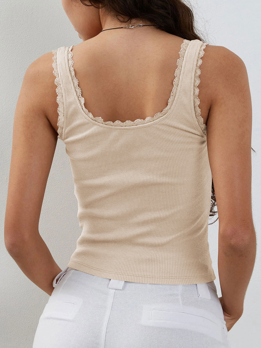 Lace Detail Square Neck Tank Tan
