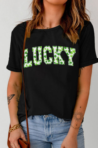 LUCKY Letter Clover Short Sleeve T-Shirt Black