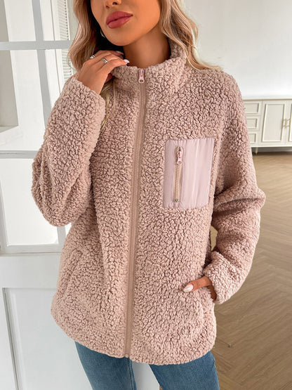 Ivy Lane Zip Up Long Sleeve Fuzzy Jacket Watermelon pink