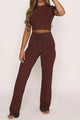 Round Neck Short Sleeve Top and Pants Set Brown