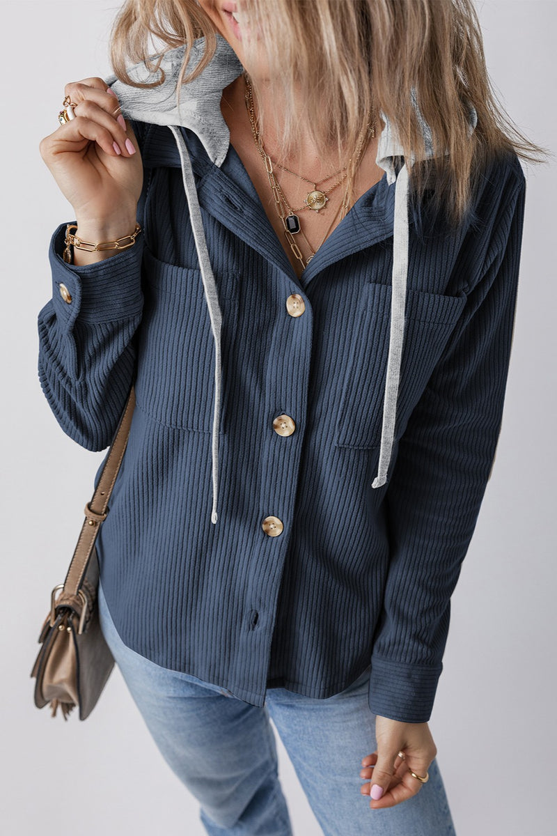 Drawstring Button Up Long Sleeve Hooded Jacket French Blue