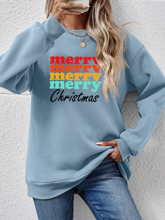 MERRY CHRISTMAS Graphic Long Sleeve Sweatshirt Light Blue