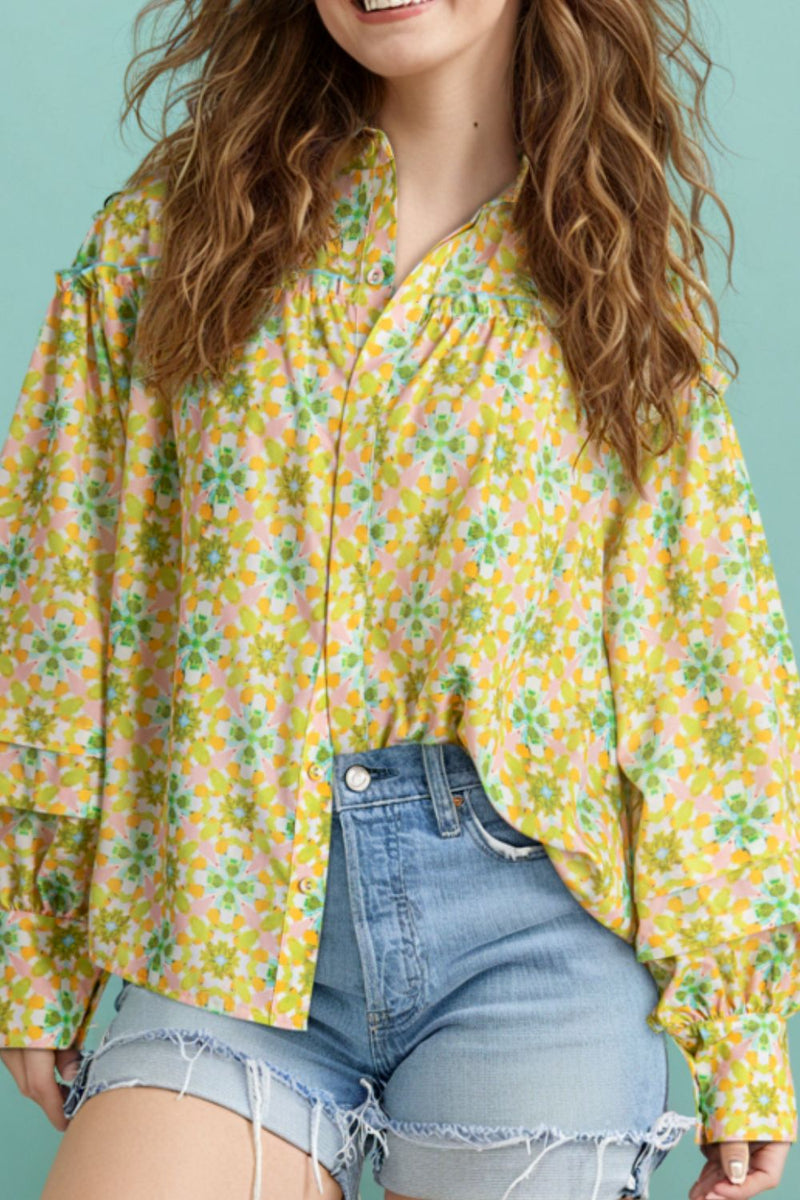 Frill Printed Collared Neck Long Sleeve Blouse Yellow Green