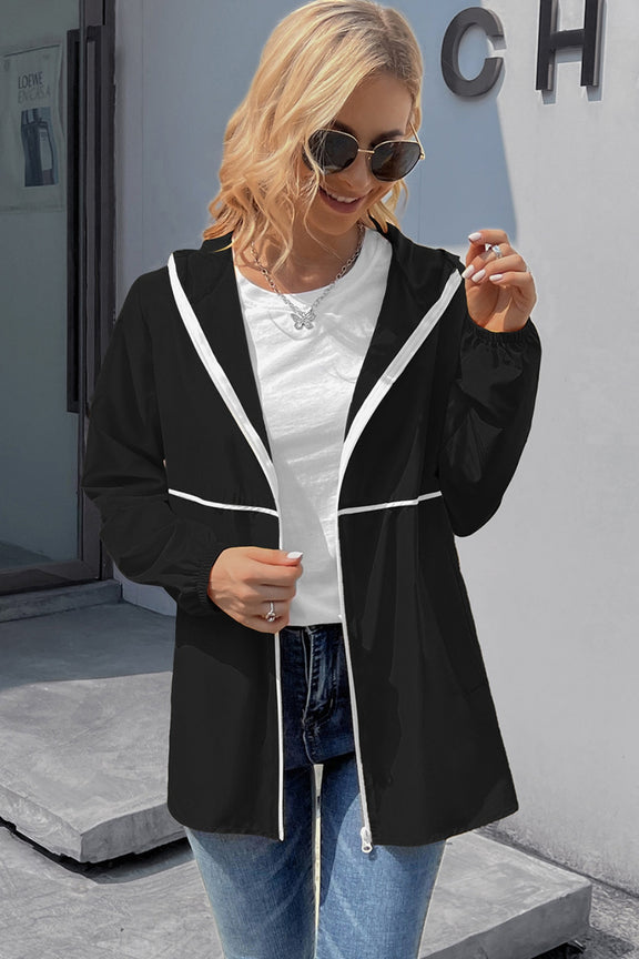 Ivy Lane Zip Up Long Sleeve Hooded Watertight Jacket Black