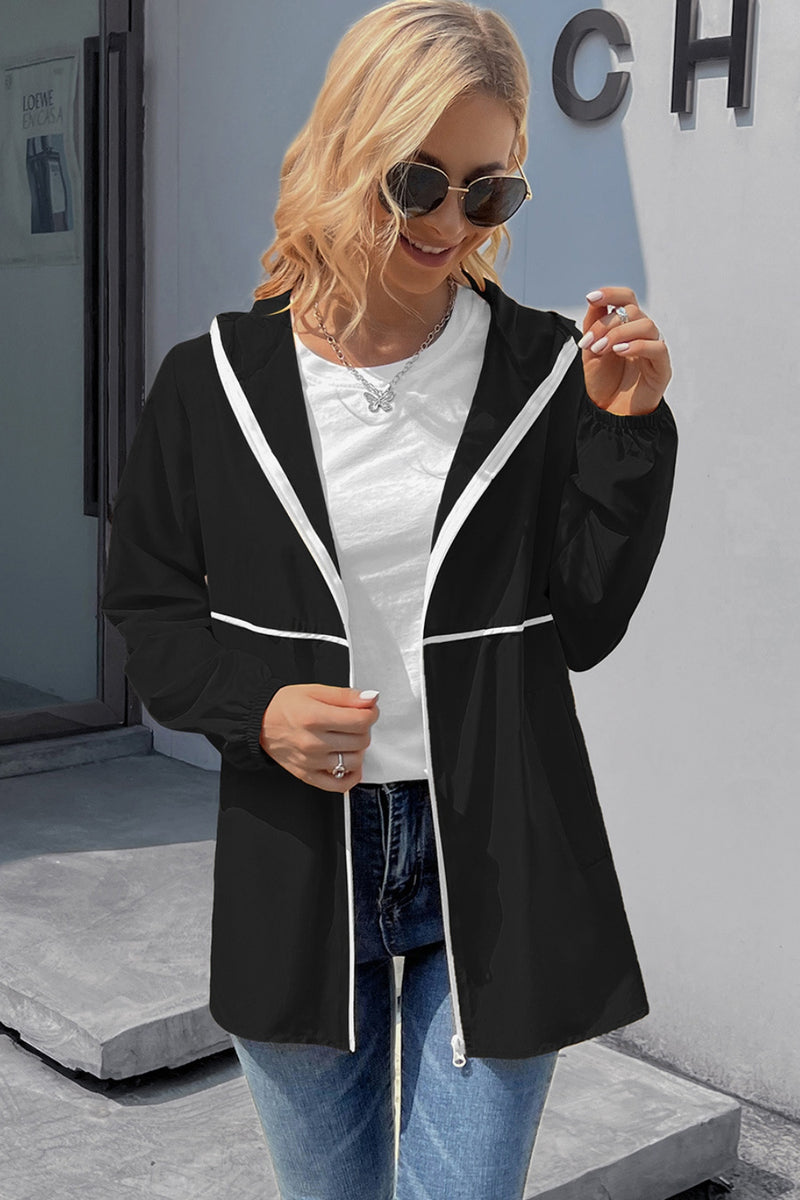 Ivy Lane Zip Up Long Sleeve Hooded Watertight Jacket Black
