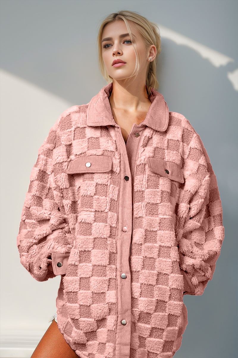 Double Take Button Up Fuzzy Checkered Shacket Dusty Pink