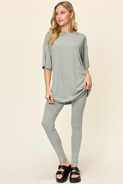 Double Take Full Size Round Neck Dropped Shoulder T-Shirt and Leggings Set Light Gray