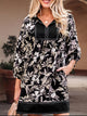 3/4 Sleeve Botanical Print Split Neck Loose Mini Dress Black