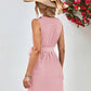 Buttoned V-Neck Belted Sleeveless Dress