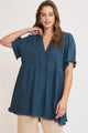 Umgee Full Size Raw Hem Notched Babydoll Linen Blouse Plus Size French Blue