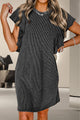 Textured Ruffled Round Neck Cap Sleeve Dress Black