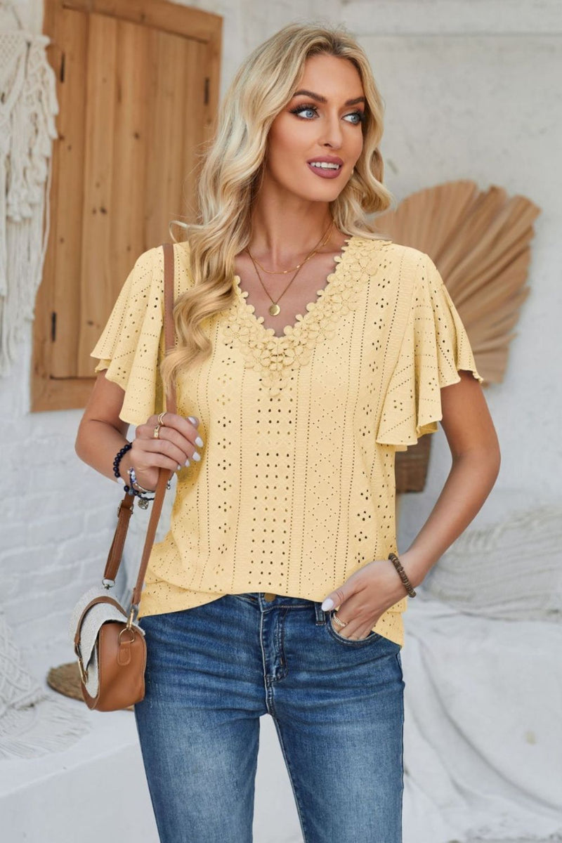 Eyelet Applique V-Neck Cap Sleeve T-Shirt Yellow